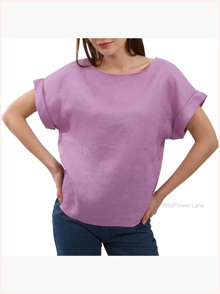 Pure Linen Short Sleeve Blouse Casual Summer Top Crew Neck Batwing Sleeve